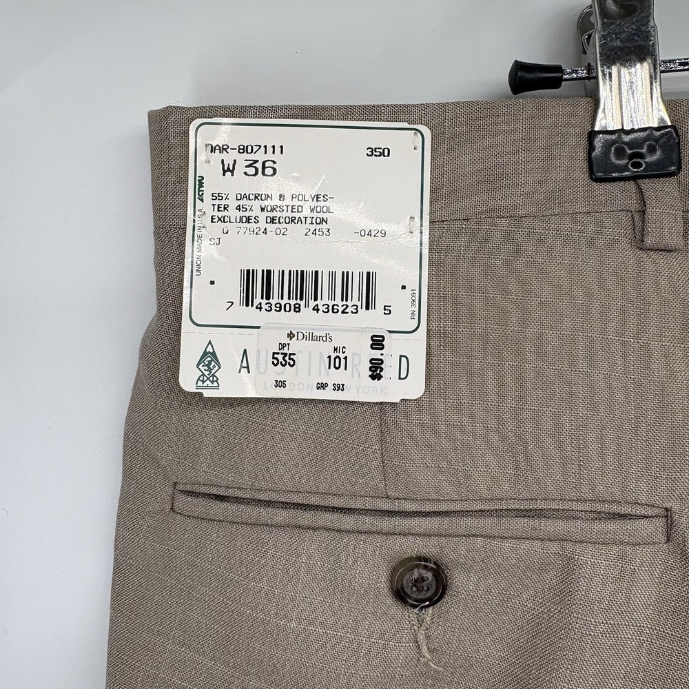 Austin Reed Pleated Tan Mens Pants 36W NO HEM Worsted Wool & Polyester